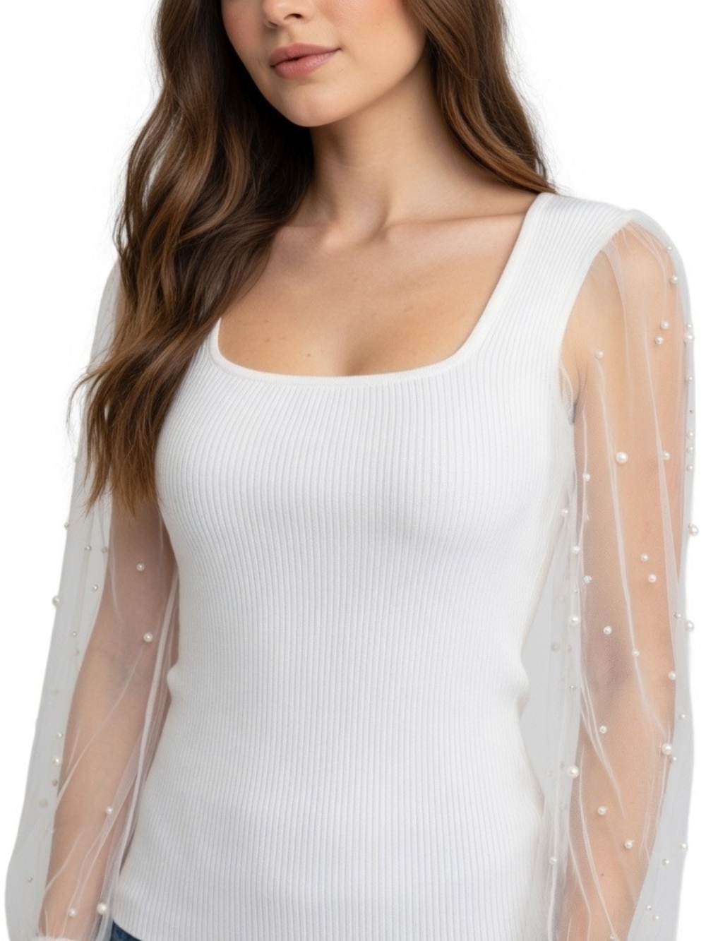 Eclipse White Ribbed Top with Sheer Pearl-Embellished Long Sleeves Size M